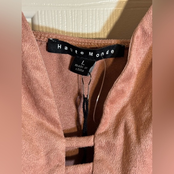 Haute Monde Ladder Cut Out Spaghetti Strap Bodysuit in Pink suede microfiber - Picture 5 of 11